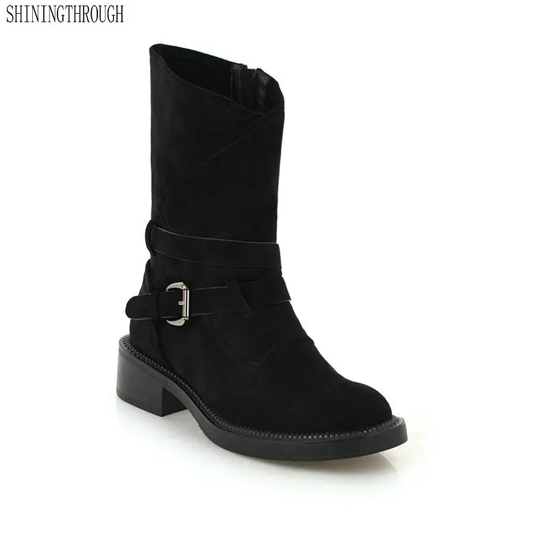 

Suede Leather Mid-calf Women Boots Low Heel Winter Snow Shoes 2018 Fashion Metallic buckle Riding Boots large size 34-43