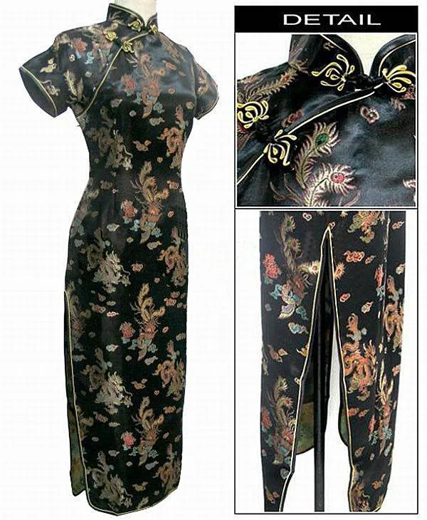 Бургундское винтажное китайское женское атласное длинное платье Ципао дракон феникс Размер s m l xl XXL J3092 - Цвет: Черный