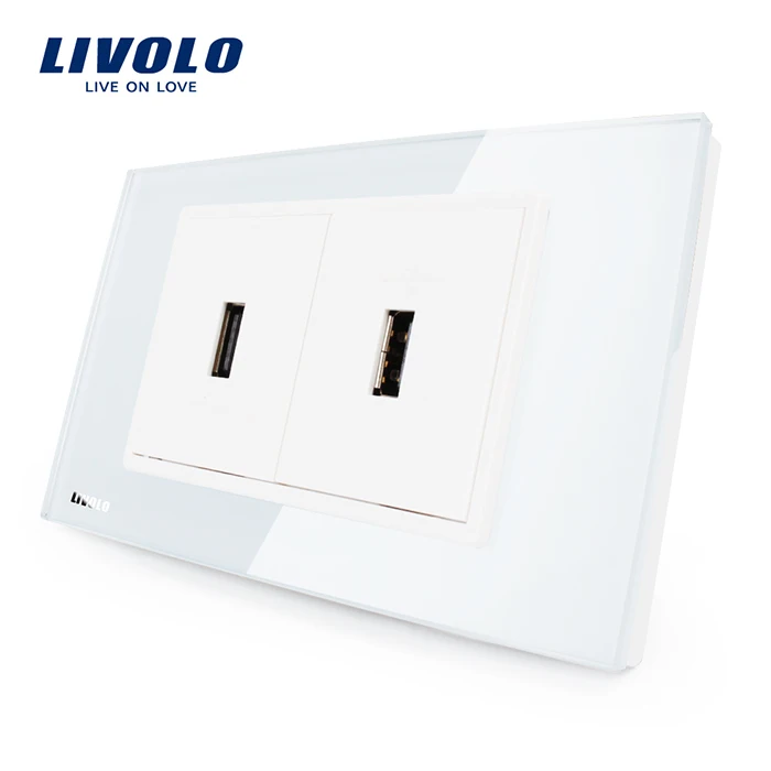 Livolo стандарт США USB розетка (2.1A 5 В) Белый/Черный Кристалл Стекло настенные точки