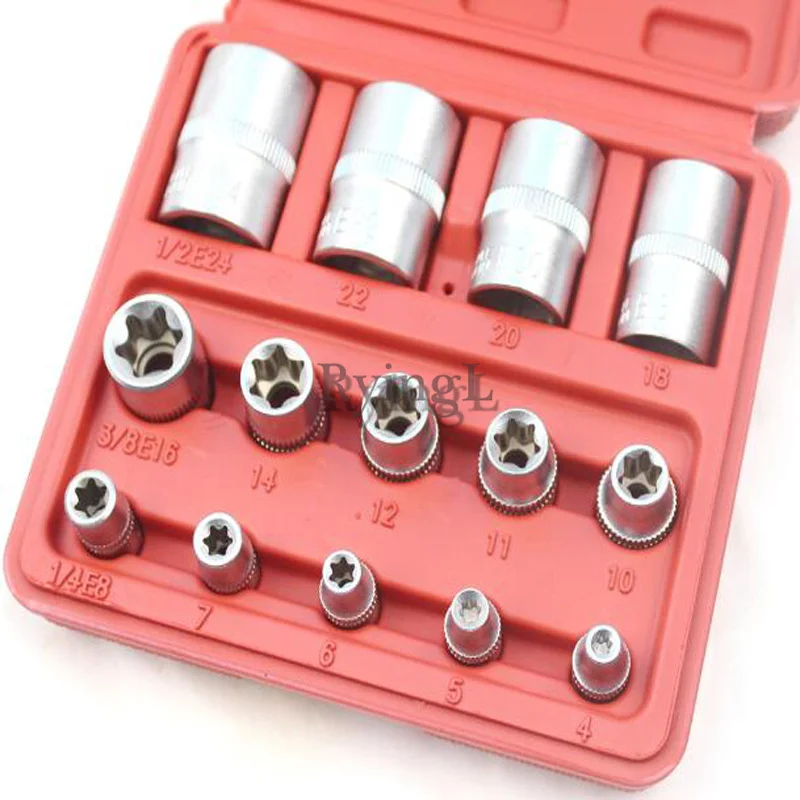 

Y 14 pcs E Torx Star Female Bit Socket Set 1/2"/3/8"/1/4" Drive E4 -E24