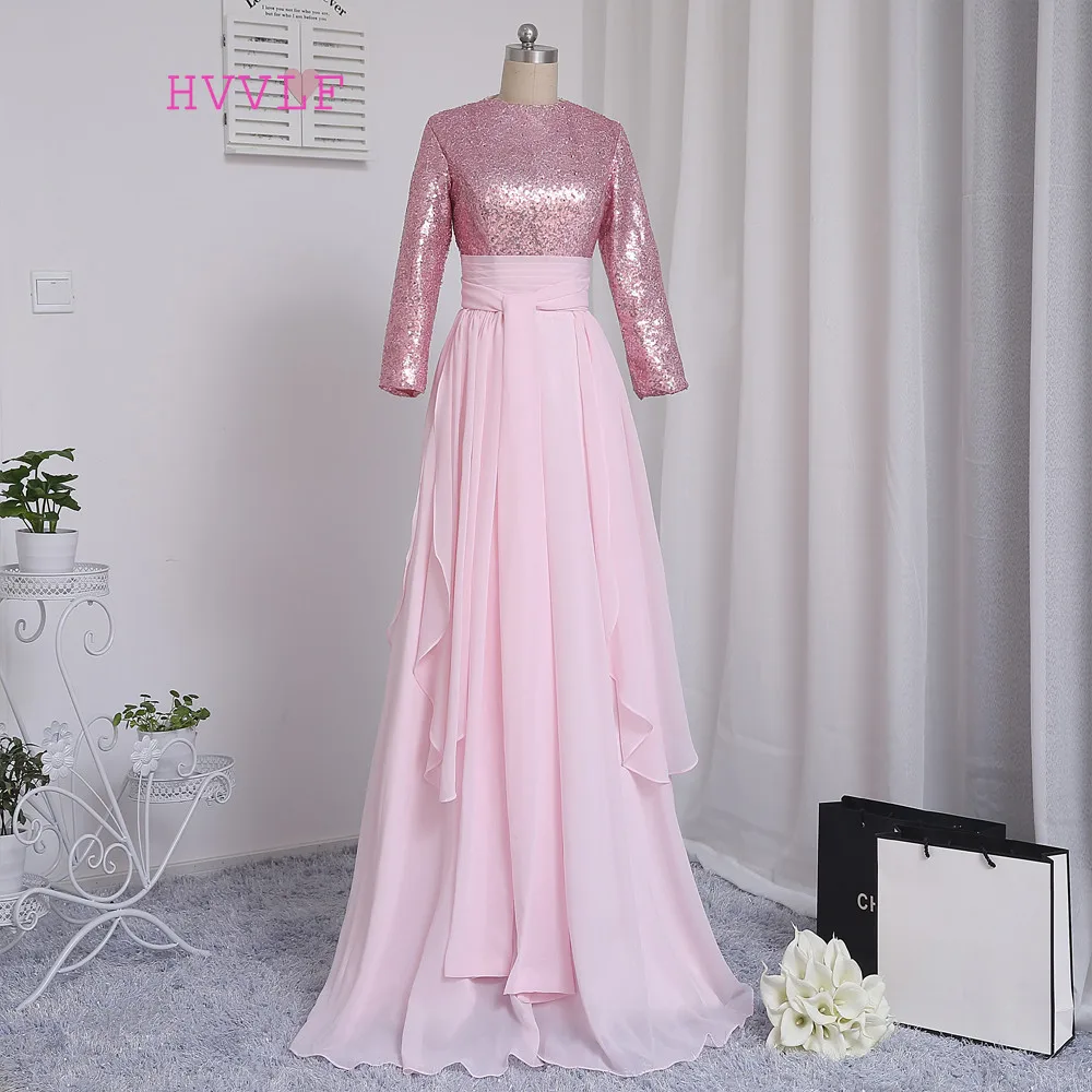 

HVVLF Pink Muslim Evening Dresses 2019 A-line Long Sleeves Chiffon Sequins Elegant Saudi Arabic Long Evening Gown Prom Dress