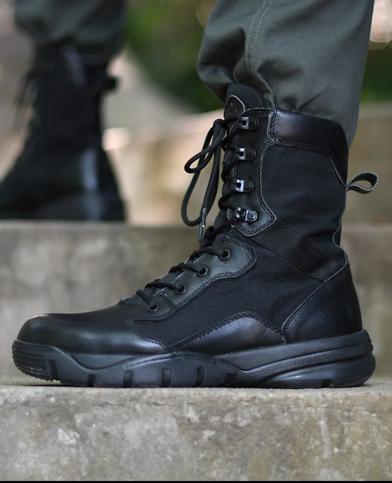 Summer combat men's waterproof ultra-light special forces 16 military side zipper 17 land combat shock-absorbing tactical boots - Цвет: Black canvas shoes