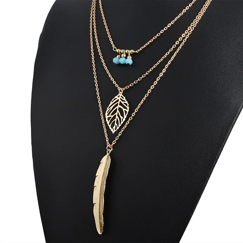Модное Длинное Ожерелье с листьями из перьев для женщин, богемное этническое многослойное ожерелье из бисера, массивные ювелирные изделия 982