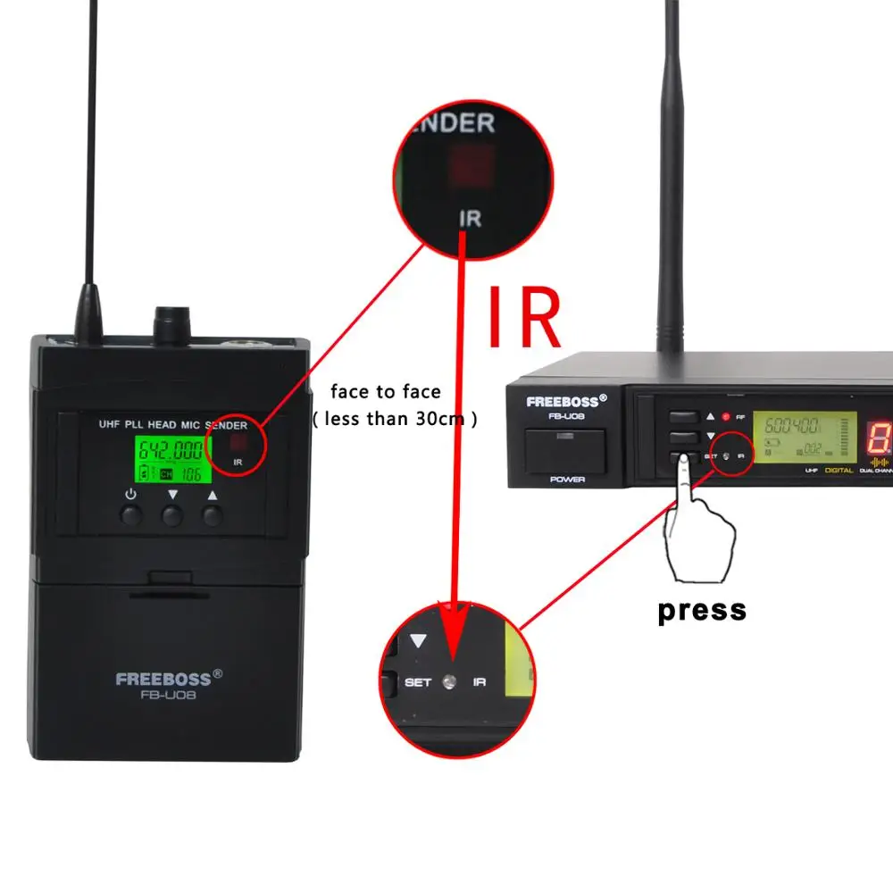 FB-U08H2 2 Way 200 каналов PLL IR UHF беспроводной микрофон 2 ремешки передатчик с гарнитурой и петличный микрофон