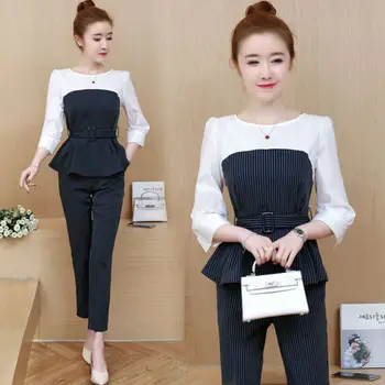 

Stripes Fashionable Sets Of Clothes For Women Elegant Wild With Belt Survetement Femme 2 Piece Patchwork Thin Women's Suit