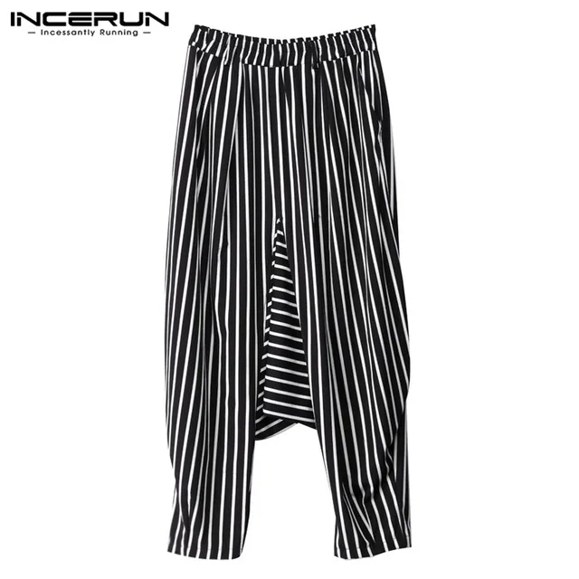 INCERUN Japan Style S-5XL Cross-pants Men Irregular Striped Patchwork Harem Pants Men’s Trousers Big Male Drop Crotch Plus Dance
