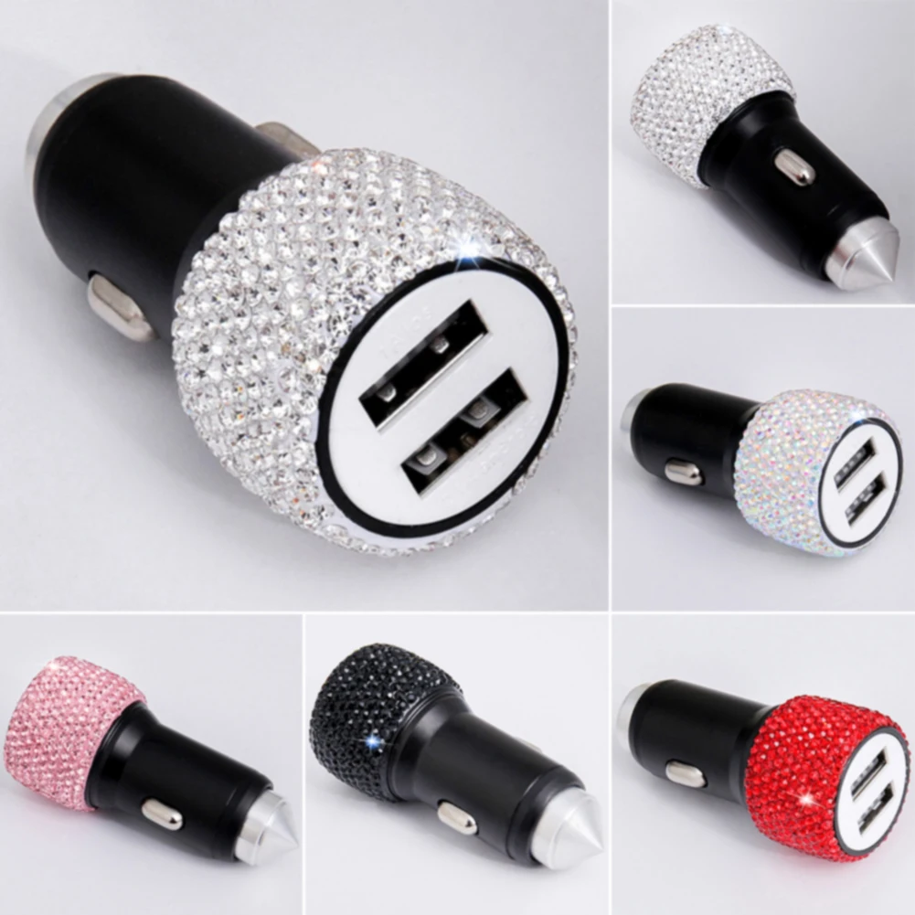 دائم مشرقة المزدوج USB شحن سريعة ل هاتف تابلت الألومنيوم سبائك الزخرفية مستقرة العالمي شاحن سيارة هدية حجر الراين
