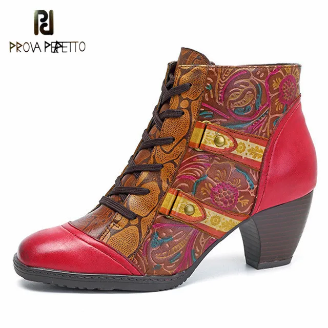 

Prova perfetto High Heel Boots Women Retro Bohemian Printed Genuine Leather Ankle Boots Woman Spring Autumn Botas Retro Boots