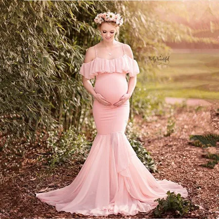 Русалка для беременных слинг сексуальные с открытыми плечами шлейф платья для фотосессии беременность фотография Реквизит модное хлопковое Макси платье - Цвет: Розовый