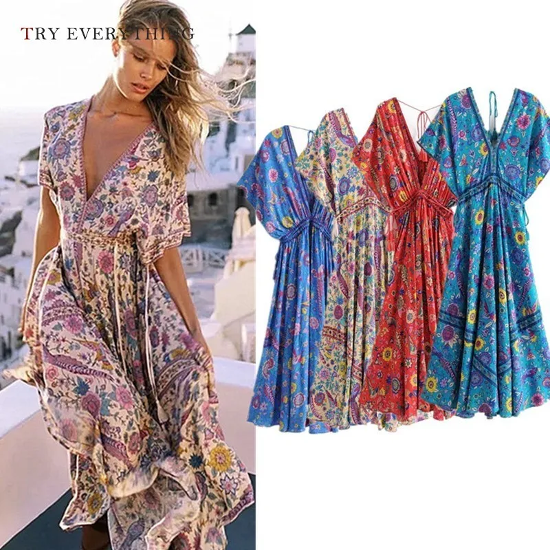 

Print Maix Beach Dress Women Summer 2019 Blue Floral Casual Dress Sexy Ladies A Line Tunic Midi Dress Red Holiday Sundress