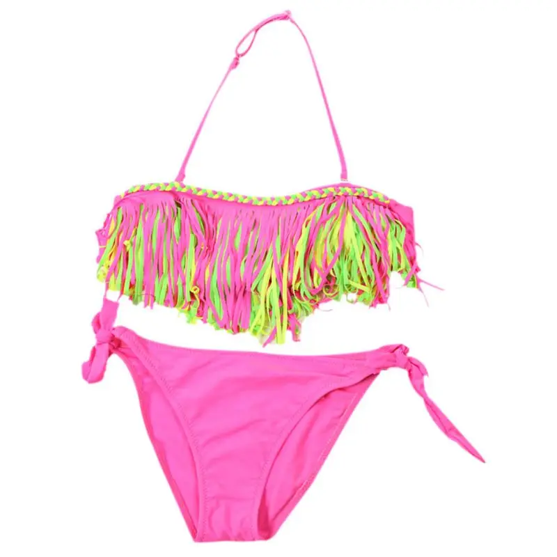 

Girls Kid Swimsuit Halter Colorful Tassel Backless Triangle Bottom Two Pieces Bikini Set Beach Bathing suit badpak