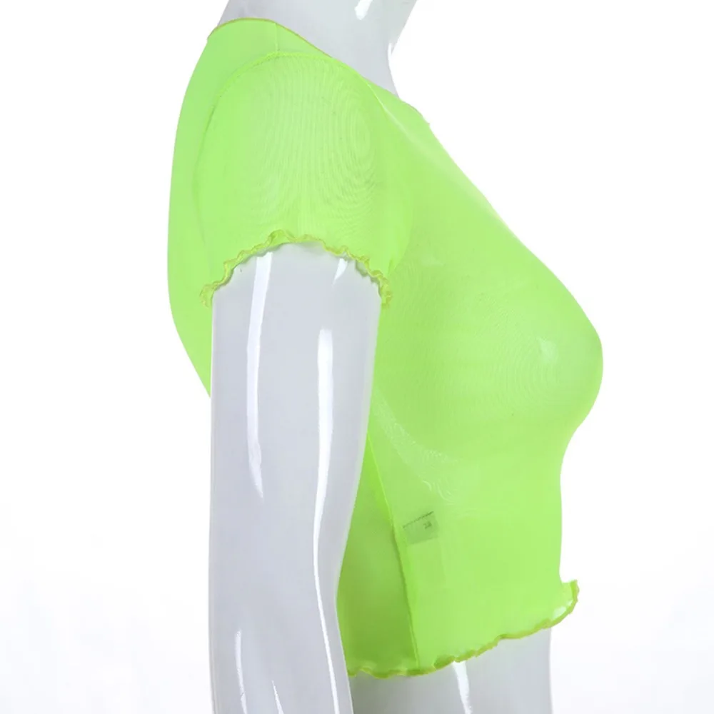 Повседневный неоновый зеленый сетчатый топ Женская футболка прозрачный однотонный топ с коротким рукавом летняя уличная Футболка женская футболка