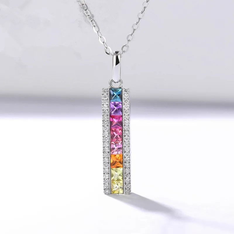 Rainbow Pendants For Women S925 Sterling Silver Necklace Square Cubic Zirconia Colorful Stone Simple Colar Unique Fine Jewelry afbeelding