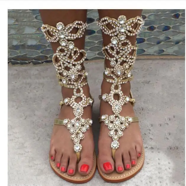 

Plus Size Women's Gladiator Rhinestone Strap Sandals Flats Wedding Shoes Beach Shoes Boho A43