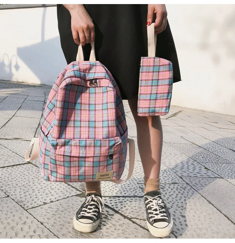 

Korean School Harajuku Ulzzang Vintage Sense Girl Backpack Plaid backpack with gift Mini bag Schoolbags for Teenager mochila