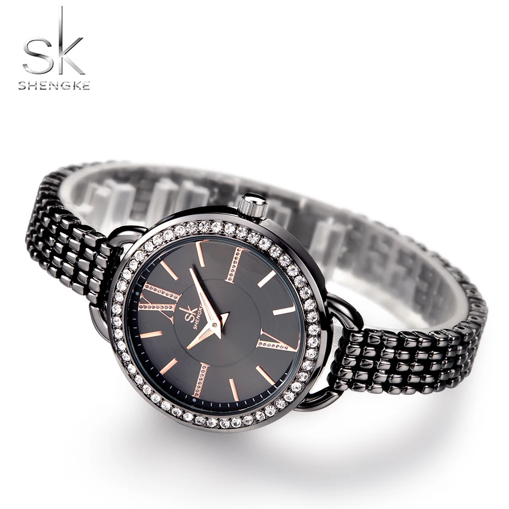 Shengke Ювелирные изделия Подарки для женщин Роскошные Черные Стальные кварцевые часы Брендовые женские часы модные женские часы Relogio Feminino