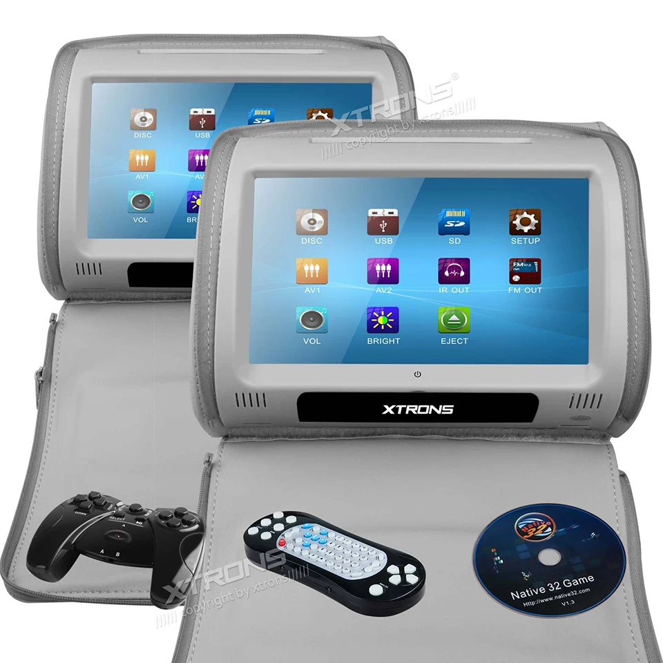 Top 2x9" Car Headrest Monitor DVD Cover With Zipper Rear Seat Touch Screen Support 32 Bits Games Pillow Built-in IR FM USB SD Video 4