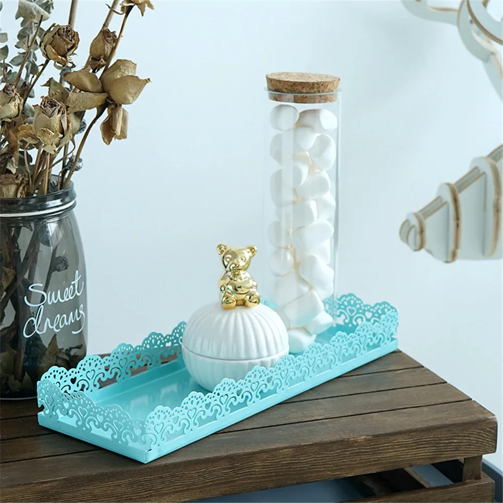 

Nordic Lace Hollow Metal Storage Tray Minimalist Chic Ins Fruit Cake Dessert Plate Blue Jewelry Display Tray Home Desk Decor