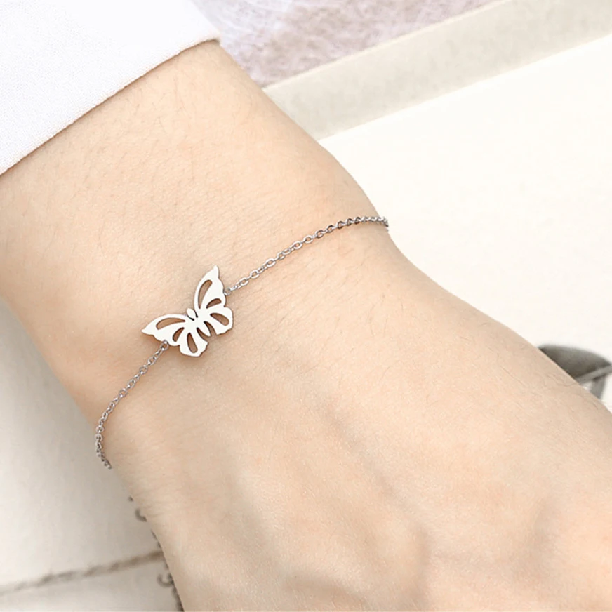 

chain link bracelets bangles friendship braclet hand chain braslet female femme butterfly stainless steel silver gold