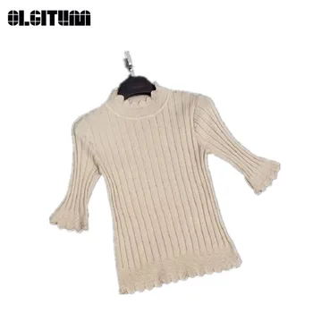

Women Autumn Winter Cashmere Blended Sweater O-Neck Pullovers Ruffles Thin Long Sleeve Women's Knitted Sweaters SW575