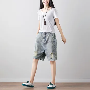 

Japan Style Summer Washed Holed Retro Shorts Women Loose Fit Vintage Denim Shorts Sweet Torn Zipper Jeans for Girl Free Size