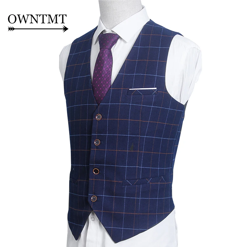 

Top Seller Man Suit Vest Fashion Slim Fit Thin Grid Plaid Men waistcoat Tops Slim Business Jacket Tops homme 2019 Spring Autumn