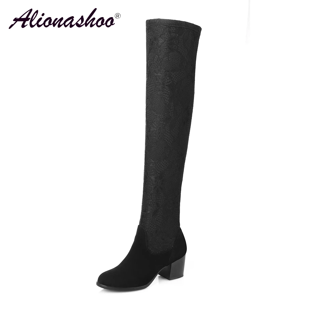 

Plus Size 34-45 Thigh High Boots Womens Stretch Lace Fabric Over the Knee Boots Round Toe Party Sexy Female Long Boots