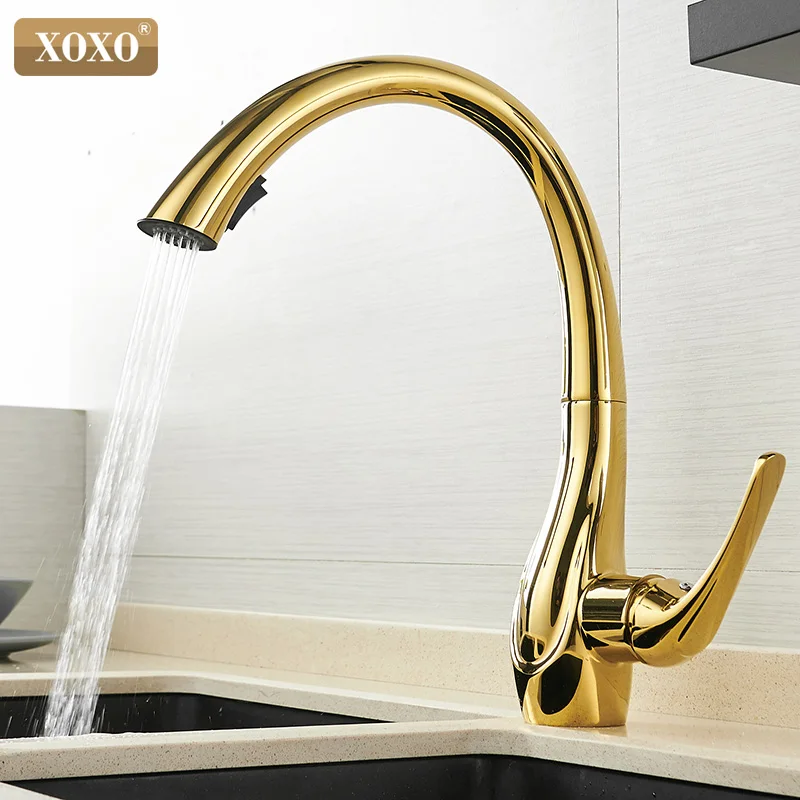  XOXO Kitchen Faucet Pull Out Cold and hot Golden Kitchen Tap Single Handle 360 Degree Water Mixer T - 32951355103