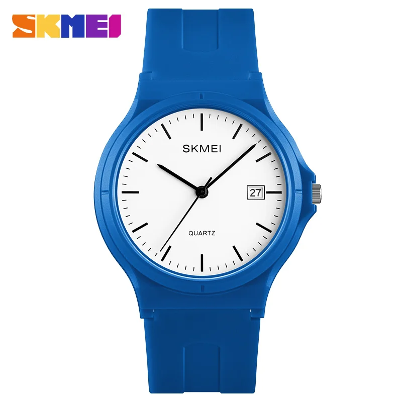 Модный бренд SKMEI женские часы Простой PU ремешок Календарь кварцевые наручные часы для женщин мужчин Роскошные водонепроницаемые парные часы - Цвет: Sky blue
