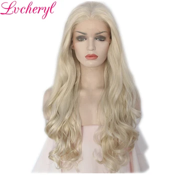 

Lvcheryl Hand Tied Long Natural Blonde Body Wave Style Heat Resistant Fiber Hair Synthetic Front Lace Wigs for White Women