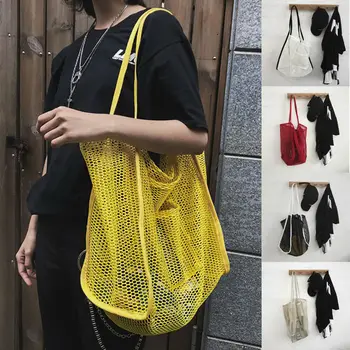 

2019 New Fashion Woven Mesh Fish Net Crossbody Bag Buckle Reticulate Hollow Shoulder Bag Beach Tote Large Capacity Handbags