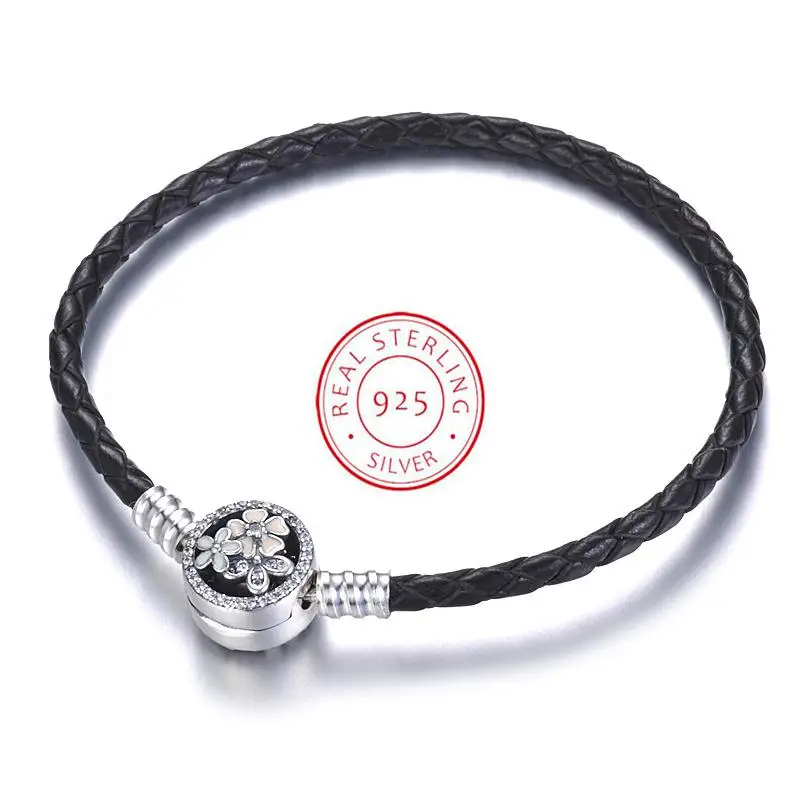 

925 Sterling Silver Bead Charm Genuine Leather Magnolia Clasp Snake Chain Beads Pandora Bracelet & Bangle Women Diy Jewelry