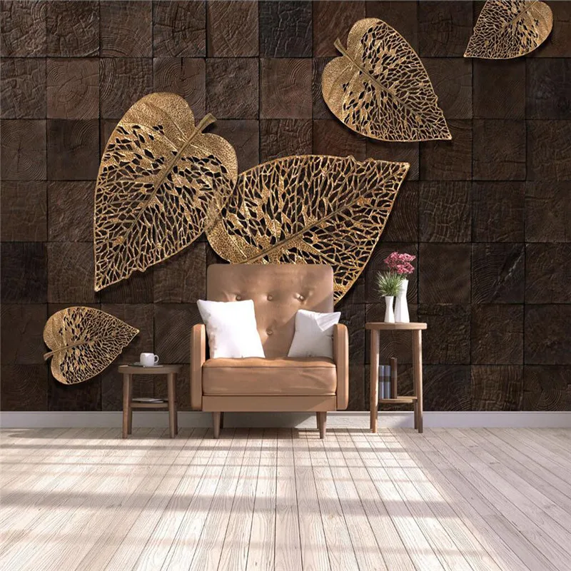 

Custom wallpaper 3D wine wood grain gold leaf background wall high-grade waterproof material