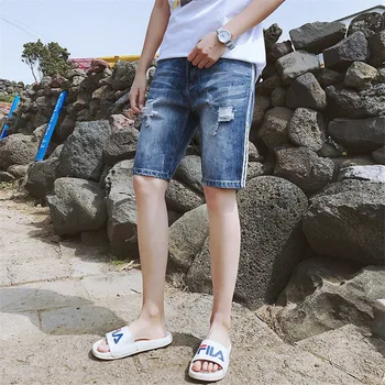 

2019 New Summer Jeans Korean Fashion Men's Denim Shorts Youthful Five Points Jeans Casual Wild Broken Hole Shorts