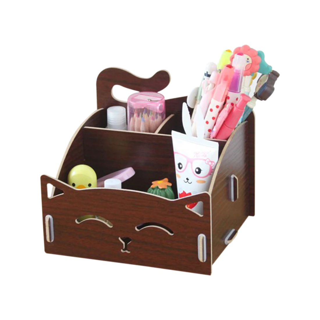 Wooden Box Cute Cat Pen Box Desktop Storage Assembly DIY Wood Makeup