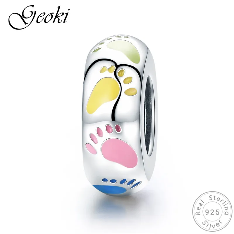 

Geoki 925 Sterling Silver Colorful Cute Little Boy&Girl Footprint Beads fit Pandora Bracelet Original S925 Enamel Charms DIY