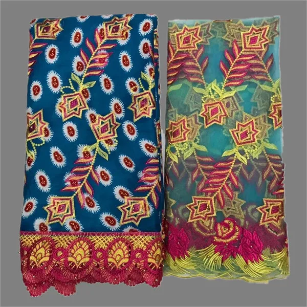 

Graceful pattern African embroidery and beaded wax cord lace fabric matching 2yards French tulle net lace WNL15(6y+2y)