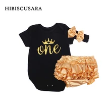 Одежда для маленьких девочек комплекты одежды из 3 предметов черный хлопковый комбинезон с золотыми рюшами, шаровары, шорты повязка на голову для новорожденных, одежда для дня рождения