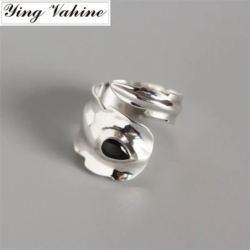 

ying Vahine Authentic 100% 925 Sterling Silver Exaggerated Black Teardrop-shaped Stone Heavy Rings for Women anillos mujer