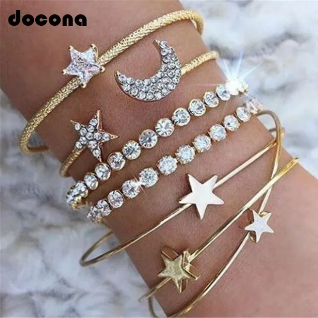 docona Punk Gold Silver Moon Star Heart Bracelets Set for Women Adjustable Charm docona Punk Gold Silver Moon Star Heart Bracelets Set for Women Adjustable Charm