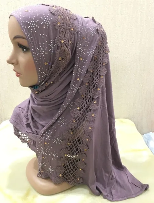 

H1224 New arrival elastic modal jersey cotton long glitter scarf with lace and rhinestones,fast delivery,free shipping