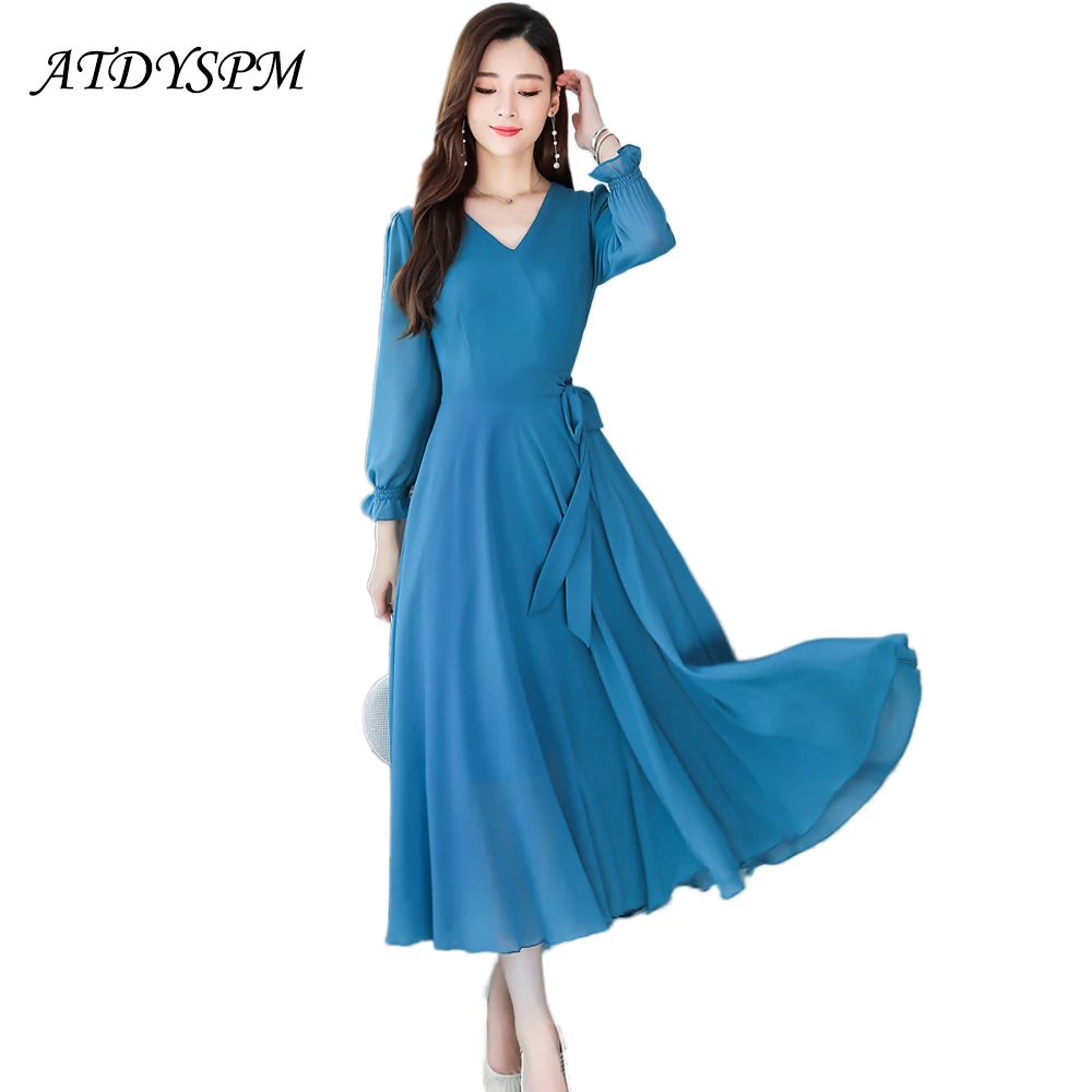 

ATDYSPM fashion women vintage bow tie long dresses candy color party dress high quality women chiffon dress plus size