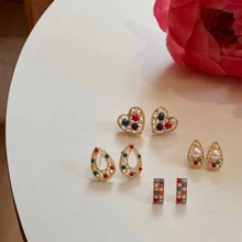 MENGJIQIAO новые винтажные цветные круглые бусины в форме сердца милые серьги-гвоздики для женщин Мода Темперамент Золотой Цвет Brinco ювелирные изделия