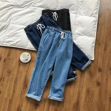 Инди фолк прямые свободные мягкие джинсы с высокой талией женский по щиколотку брюки отбеливатель мыть эластичные карманы, манжеты плиссированные кружева