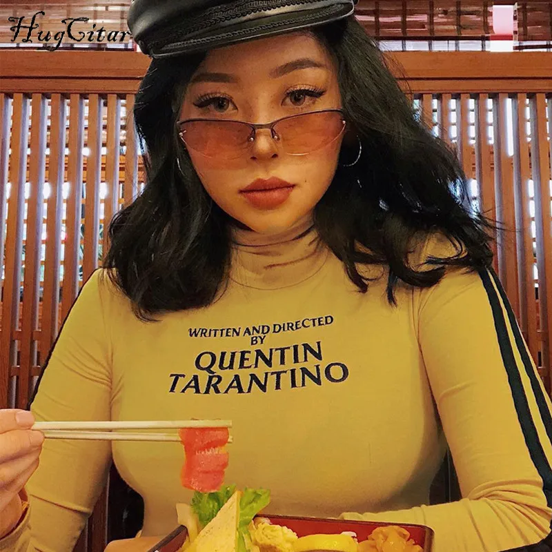 Hugcitar cotton long sleeve high neck letters print T-shirt 2017 women fashion pullover crop top solid female casual clothing