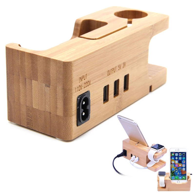 

Charging Dock Station Charger Holder Stand For Apple Watch iPhone 7 Plus Bamboo