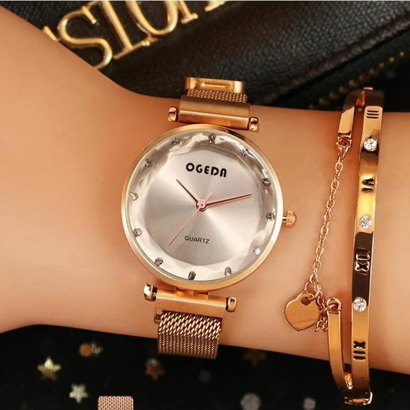 

ogeda top brand Relogio Feminino 2019 new Quartz Clock Fashion Luxury 30m Waterproof Crystal Rose Gold Steel Mesh Women Watches