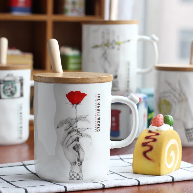 Новый волшебный мир эскиз керамическая чашка офис zakka креативная с крышкой Ложка