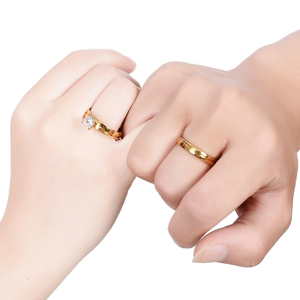 Juego de anillos compromiso boda para pareja, sortija de compromiso de alta calidad, Color dorado, cristal, CZ, tamaño de la joyería 20, 1 par|ring ring setring set - AliExpress