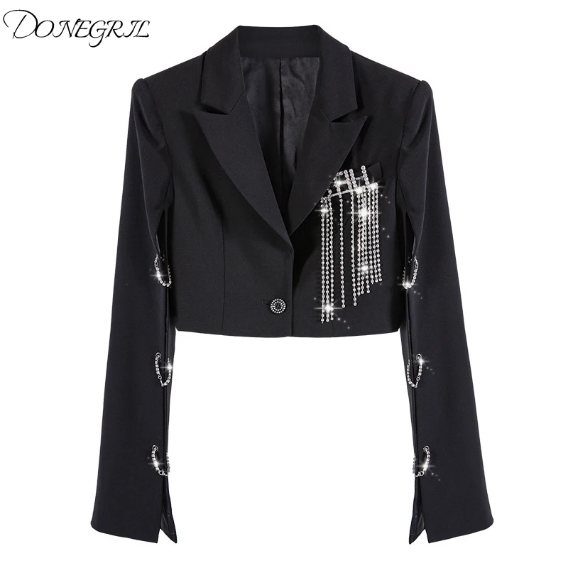 

2019 New Spring Summer Lapel Long Sleeve Black Blazers Rhinestone Tassels Split Joint Short Jacket Women Coat Fashion Tide